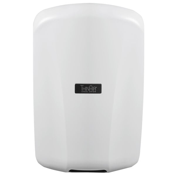 A white Excel ThinAir hand dryer with black text.