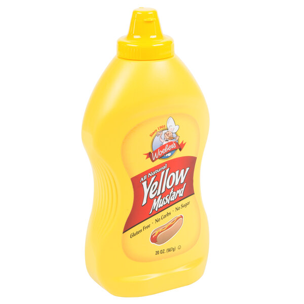 A yellow bottle of Woeber's Salad Style Mustard with a yellow label.