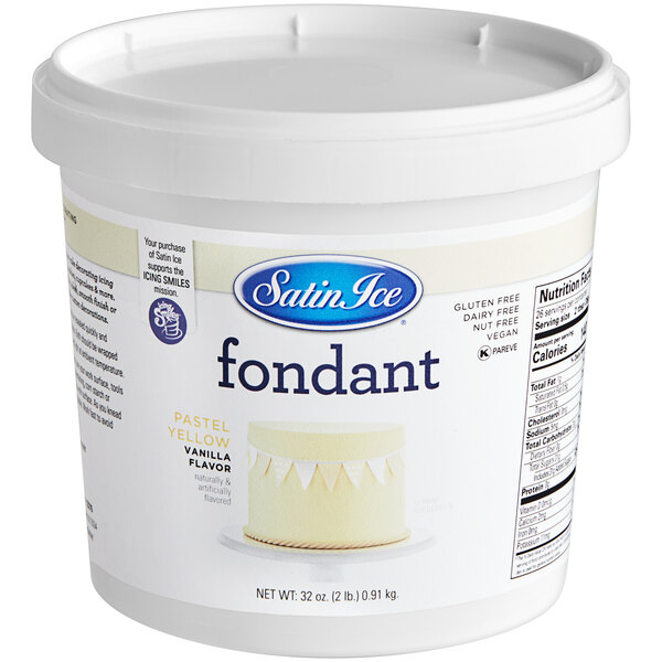 A white container of Satin Ice Pastel Yellow Vanilla Rolled Fondant Icing.