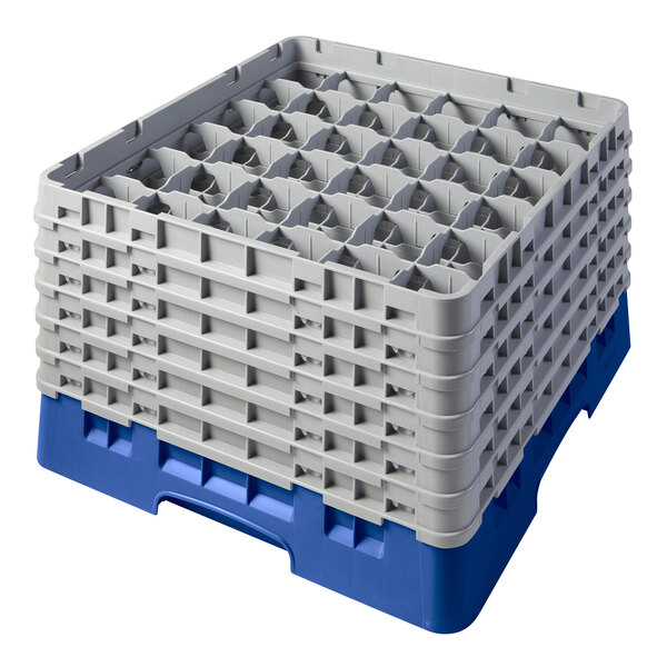 A blue plastic Cambro glass rack with extenders.