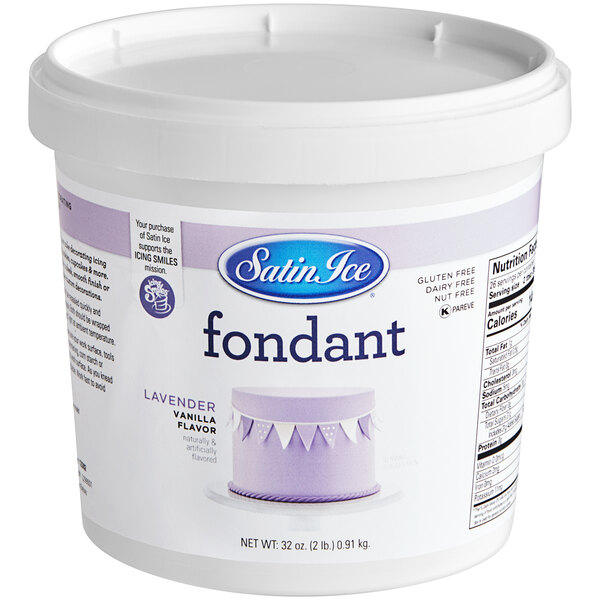 A white container of Satin Ice Lavender Vanilla rolled fondant with a purple label.