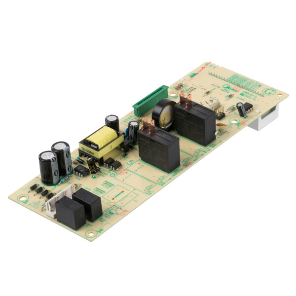 A close-up of a black rectangular Solwave PCB board with two electronic components.