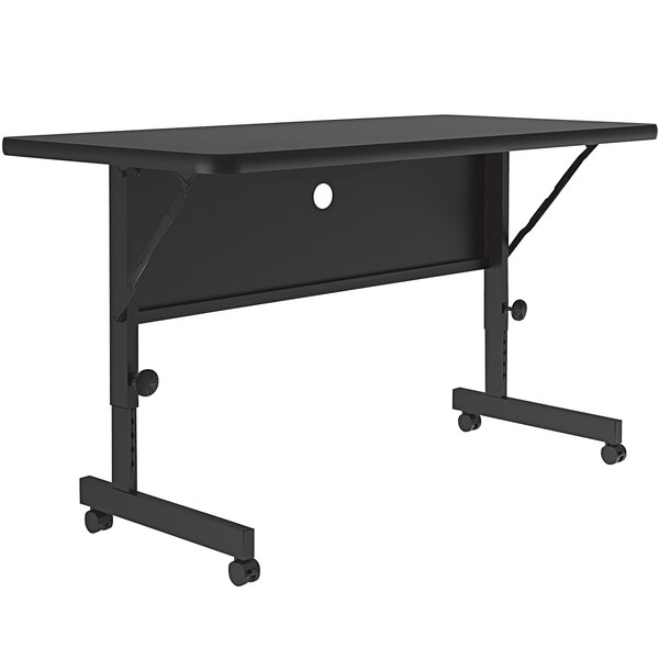 A black rectangular Correll seminar table with wheels.