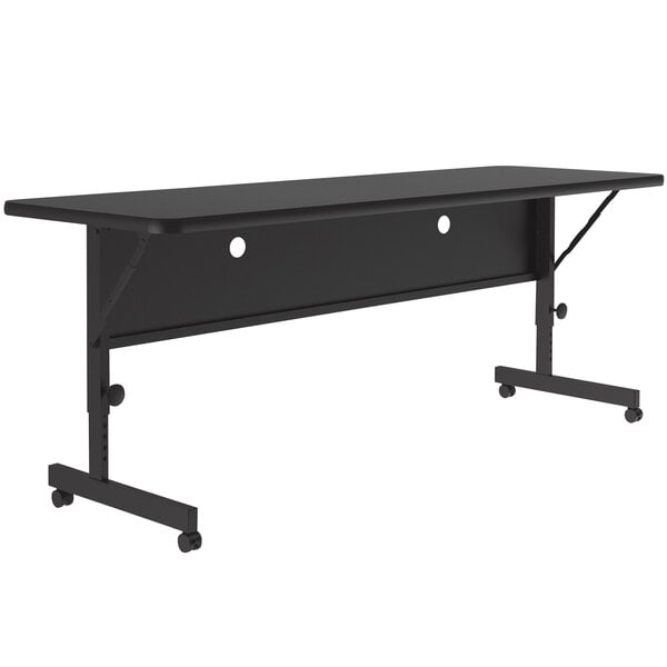 A black rectangular Correll seminar table with wheels.