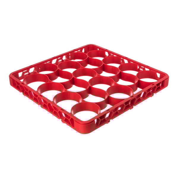 A red plastic glass rack extender with 20 circular compartments for organizing and washing glassware.