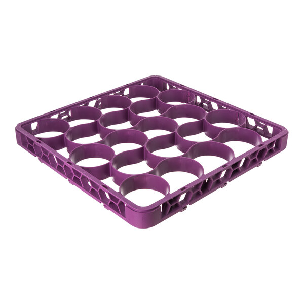 A lavender plastic glass rack extender with 20 circular compartments for organizing glassware.