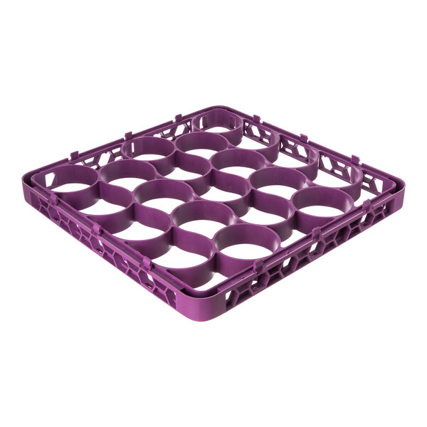 A lavender plastic glass rack extender with 20 circular compartments for organizing glassware.