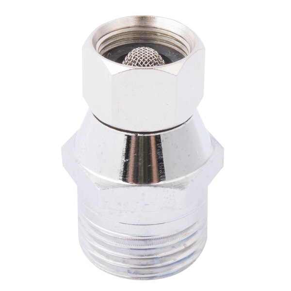 A close-up of a silver metal T&S flex hose connector with a metal cap.