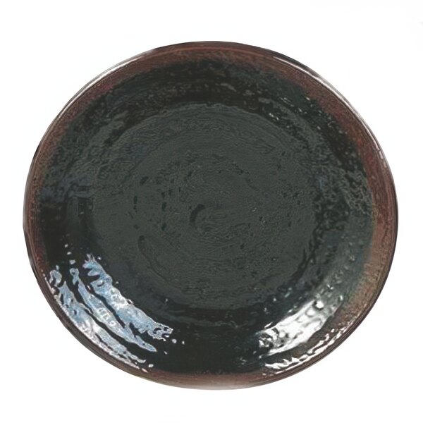 A black melamine plate with a brown rim and a swirl pattern.