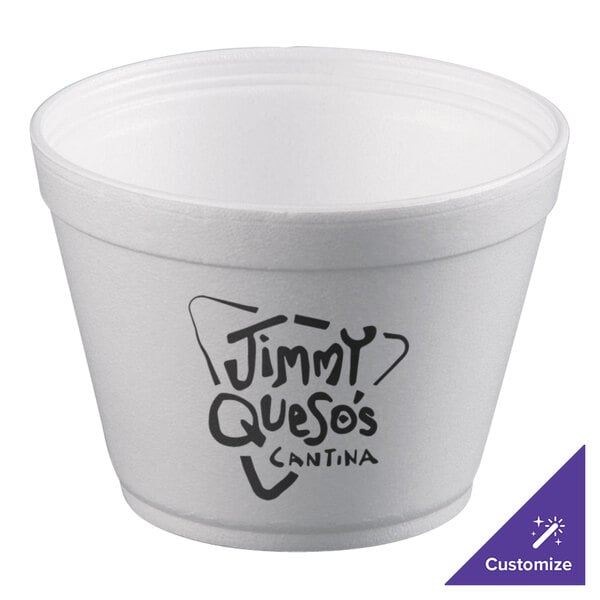 A white Dart foam food container with the black text "Jimmy Queso's Canada" on it.