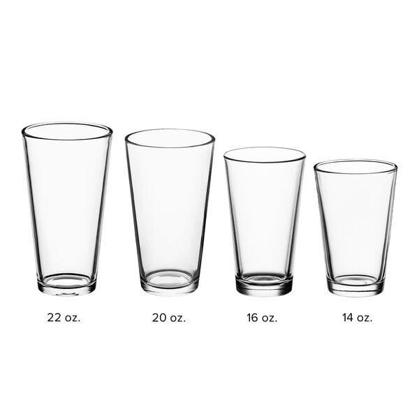 An Acopa Select mixing glass with measurements on a white background.