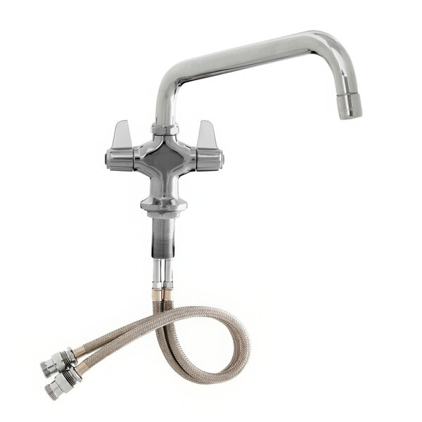 A chrome Equip by T&S deck-mounted faucet with flexible inlets and a hose attached to it.