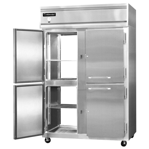 A large stainless steel Continental pass-through freezer with two half doors open.
