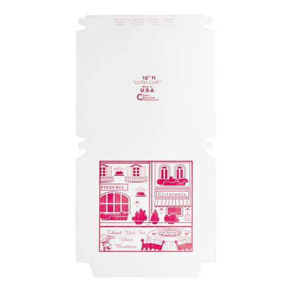 A flat, white, clay-coated 16-inch pizza box with red printed graphics and customizable space, designed for pizzerias and restaurants.