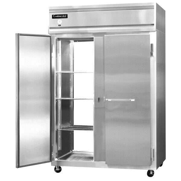 A stainless steel Continental pass-through freezer with two doors open.