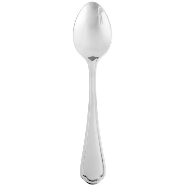 A silver spoon with a long handle.