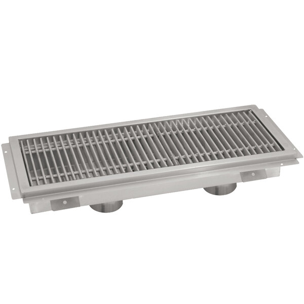 An Advance Tabco stainless steel floor trough with a stainless steel grate over a drain.