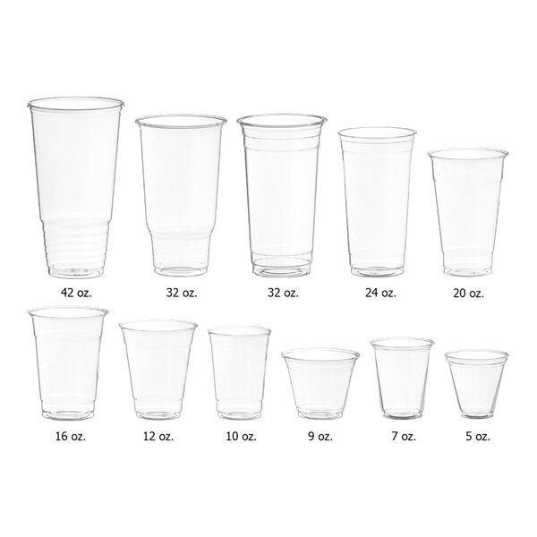 A row of Choice clear plastic cups.