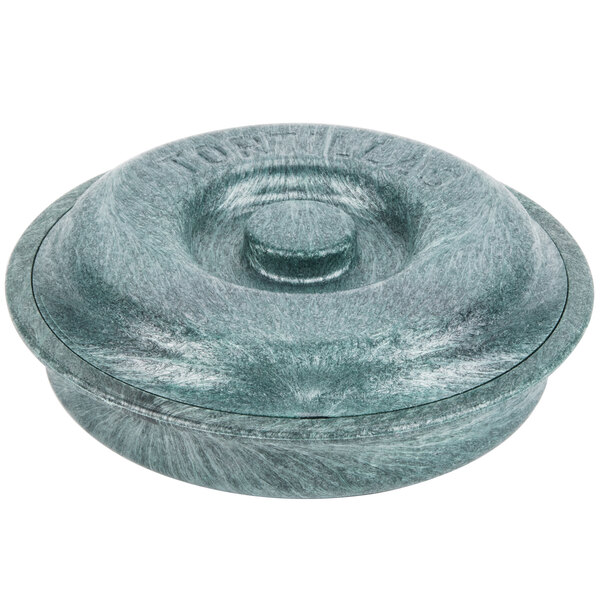 A round green polyethylene container with a lid.