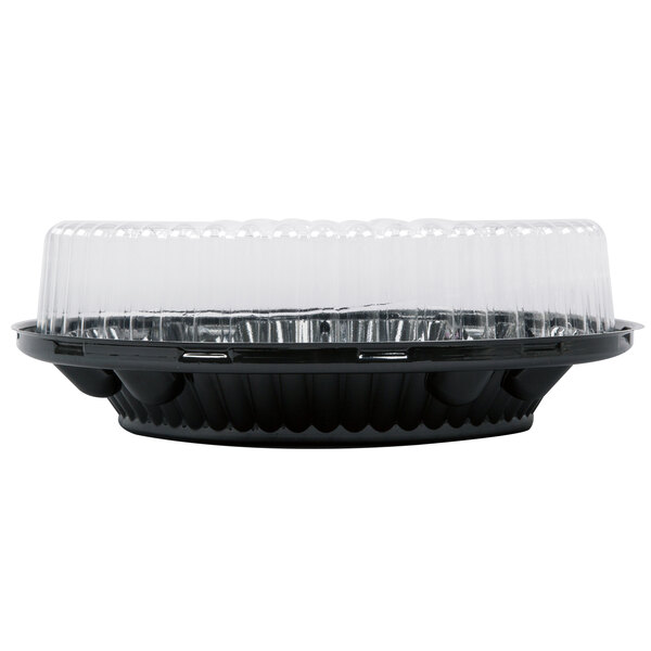 A D&W Fine Pack black plastic pie container with clear high dome lid.