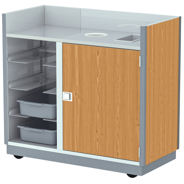 A Lakeside mobile waitress station with trays on a shelf.