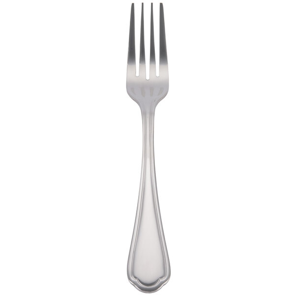 A silver fork with a white handle.