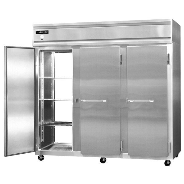 A large stainless steel Continental Refrigerator with two doors open.