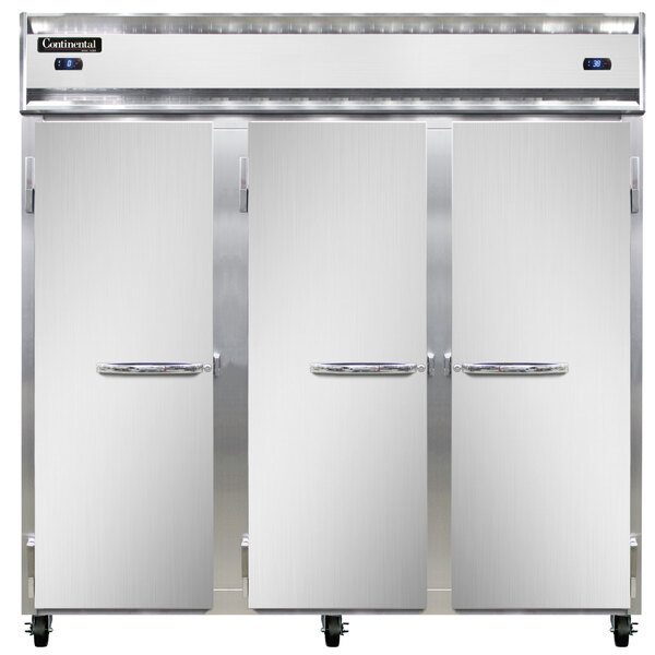 A Continental Refrigerator with three stainless steel doors.