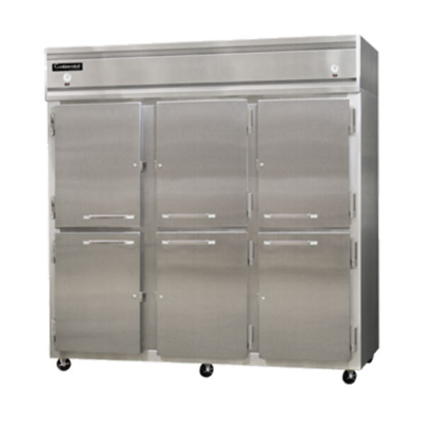 A Continental Refrigerator 3RFF-SS-HD with two stainless steel half doors and two drawers.