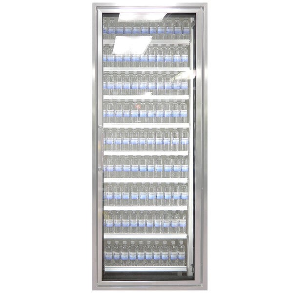 A Styleline walk-in cooler door with shelving holding water bottles.