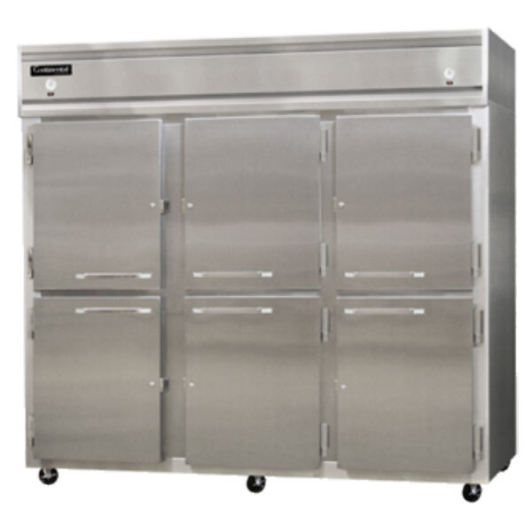 A large stainless steel Continental Refrigerator with three half doors open.