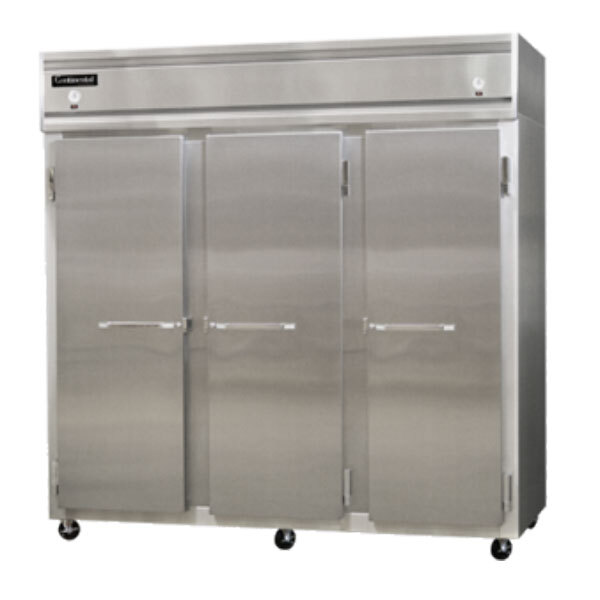 A large stainless steel Continental Refrigerator with three solid doors.