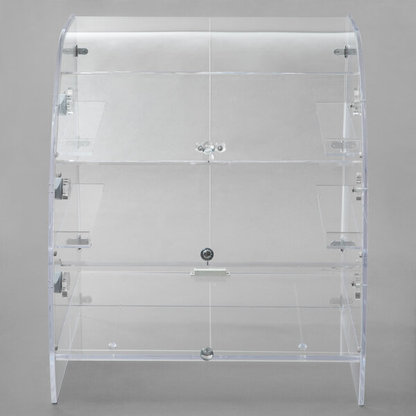 A clear acrylic bakery case with three shelves.