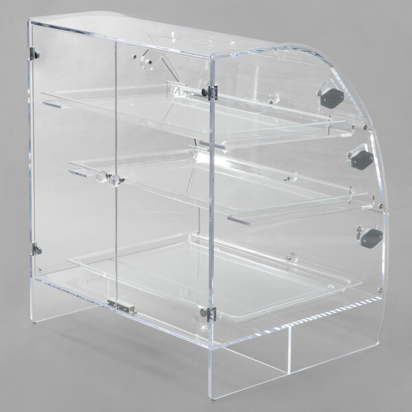 A clear display case with three shelves.