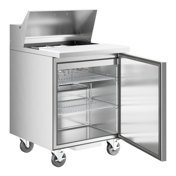 A True stainless steel refrigerated sandwich prep table with 1 right hinged door open.
