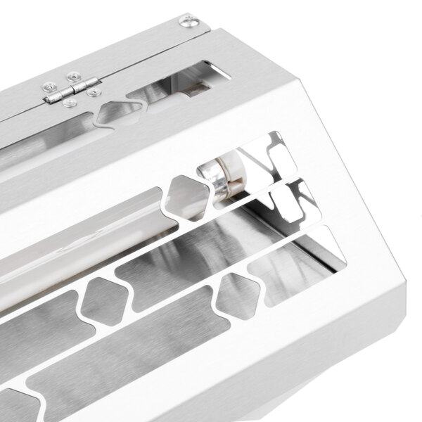 A stainless steel Curtron wall sconce for insect control.