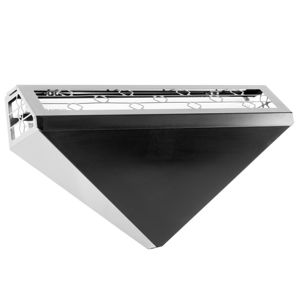 A black triangle shaped object with silver accents.