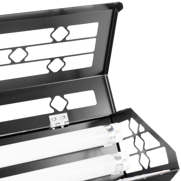 A black metal Curtron Insect Trap with two white light fixtures inside.