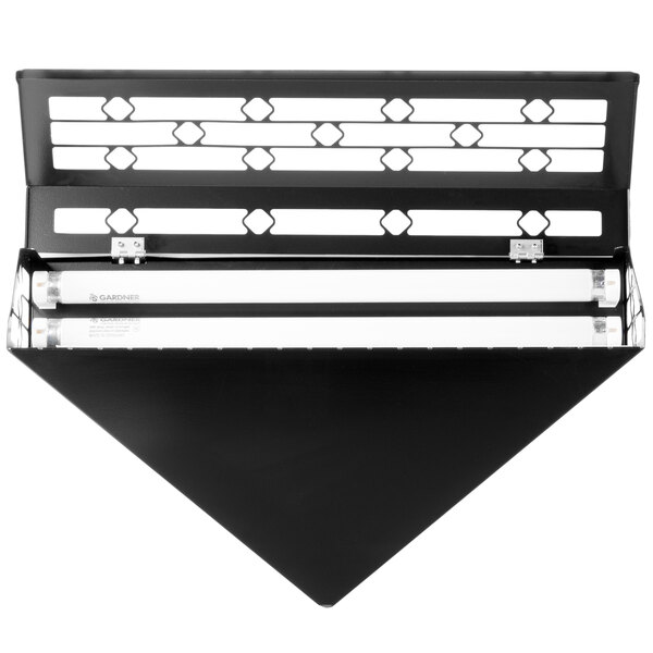 A black metal Curtron PEST PRO insect trap wall sconce with white lines.