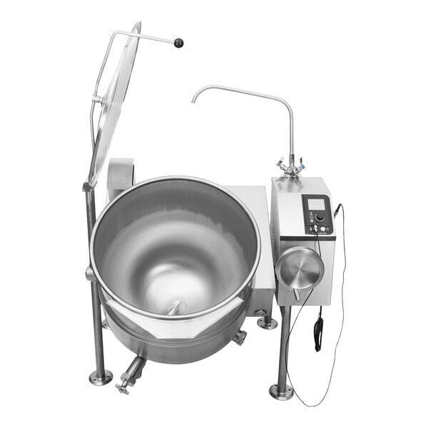 A large stainless steel tilting steam jacketed kettle with a control panel and faucet, designed for commercial cooking.