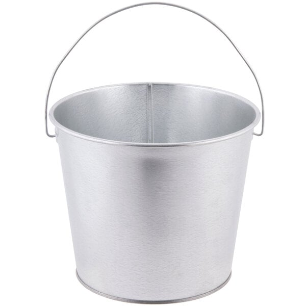 A silver metal bucket with a handle.