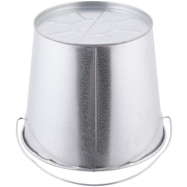 A silver metal pail with a handle.