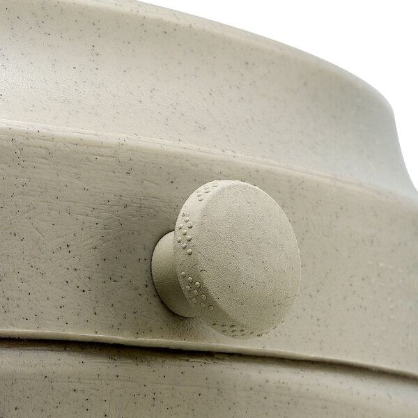 A close-up of a beige screw with a knob.