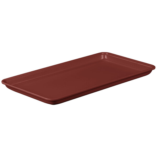 A burgundy rectangular MFG Fiberglass display tray.
