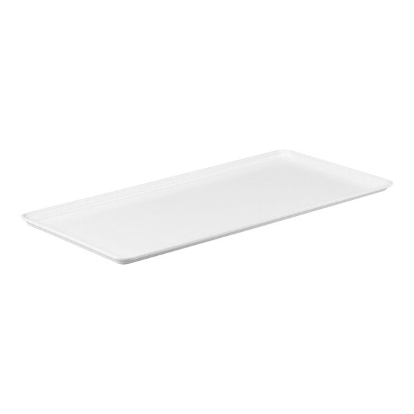 A rectangular white fiberglass display tray.