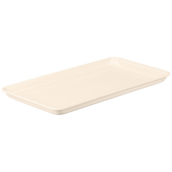 A beige rectangular tray with a white background.