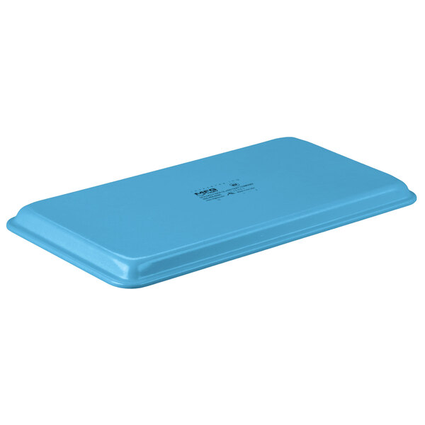 A sky blue rectangular fiberglass display tray with black text on it.