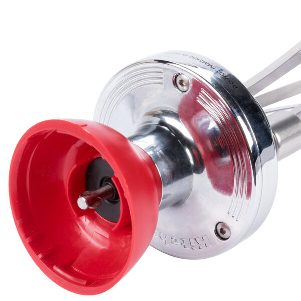 A red and silver metal whisk attachment with a red handle.