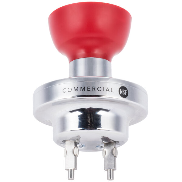 A close-up of a red and silver KitchenAid whisk attachment with a red button.