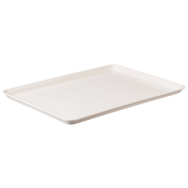 A white rectangular MFG Tray bakery display tray with a white border.